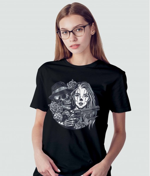 Дамска тениска с щампа Готика Mafia Skull And Woman